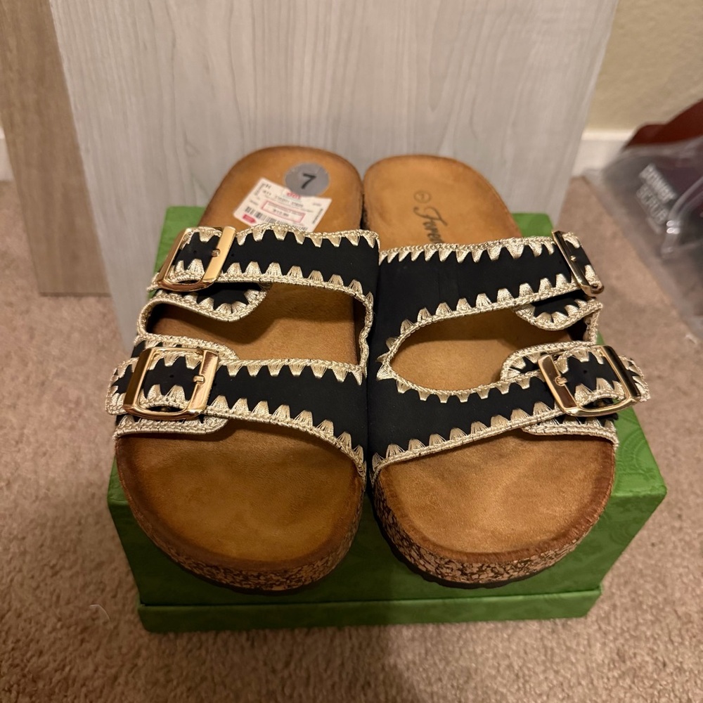 Black and Tan Buckle Sandals